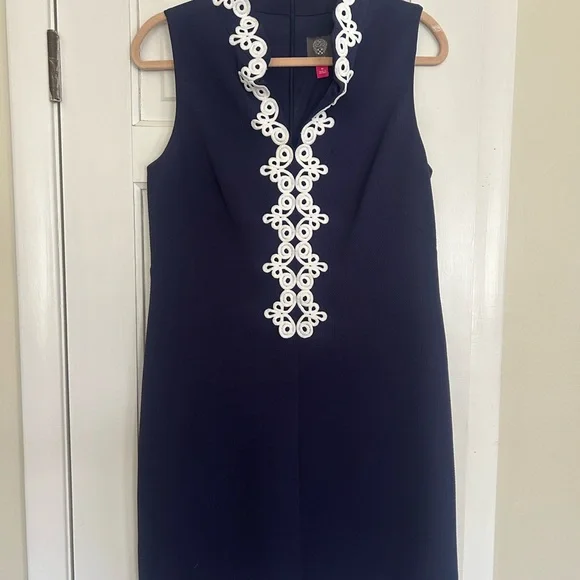 Vince Camuto Navy Sheath Dress with White Lace Front Trim - Picture 2 of 10